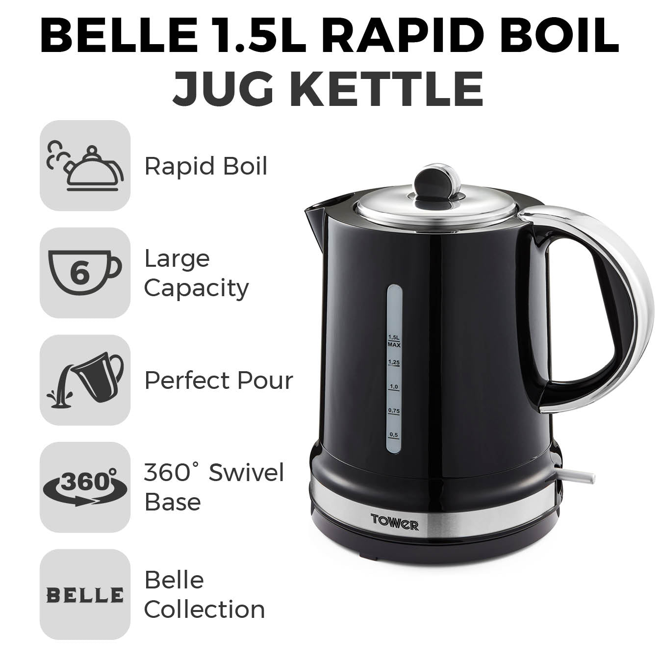 Tower Belle Black Kitchen Set - Kettle, Toaster, Bread Bin, Canisters