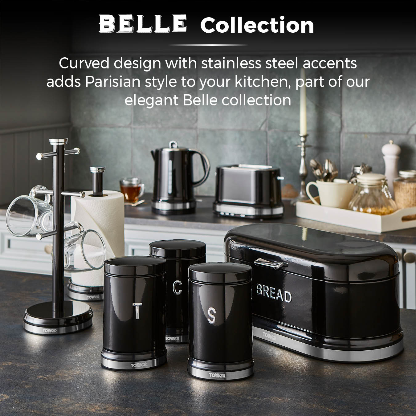 Tower Belle Noir Black Kettle and 2 Slice Toaster Kitchen Set