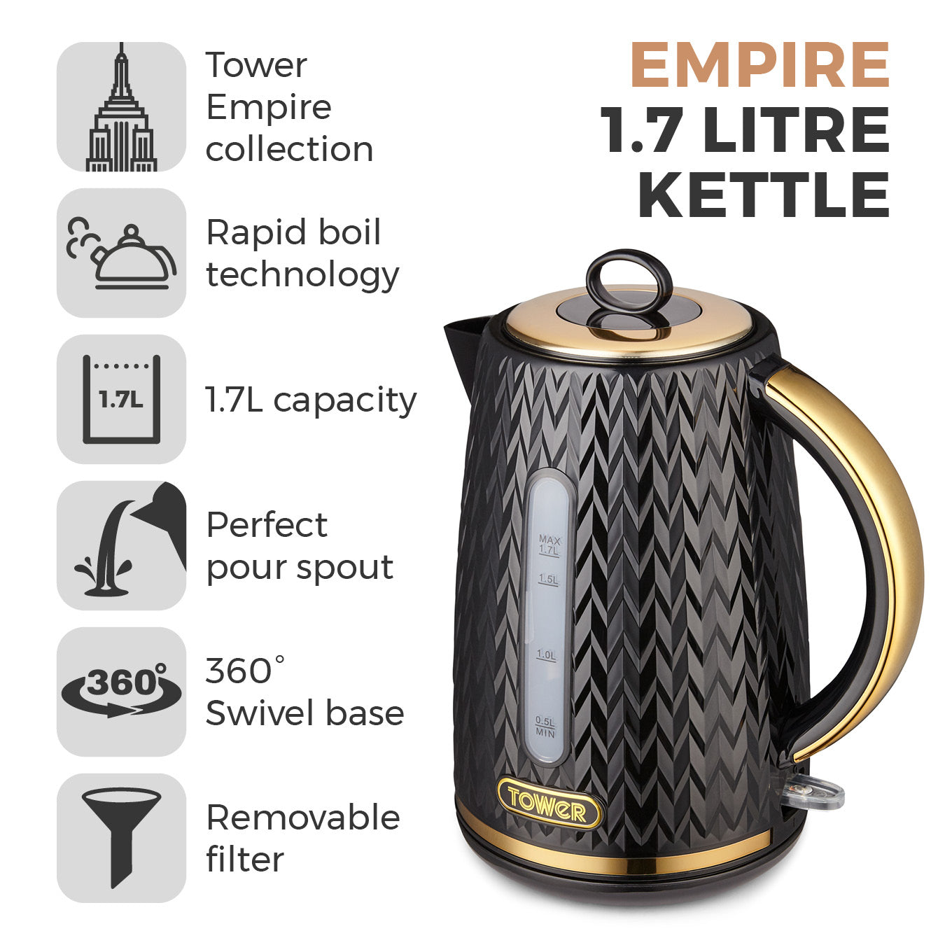 Tower Empire 1.7L Kettle Brass Accents T10052BLK (Black)