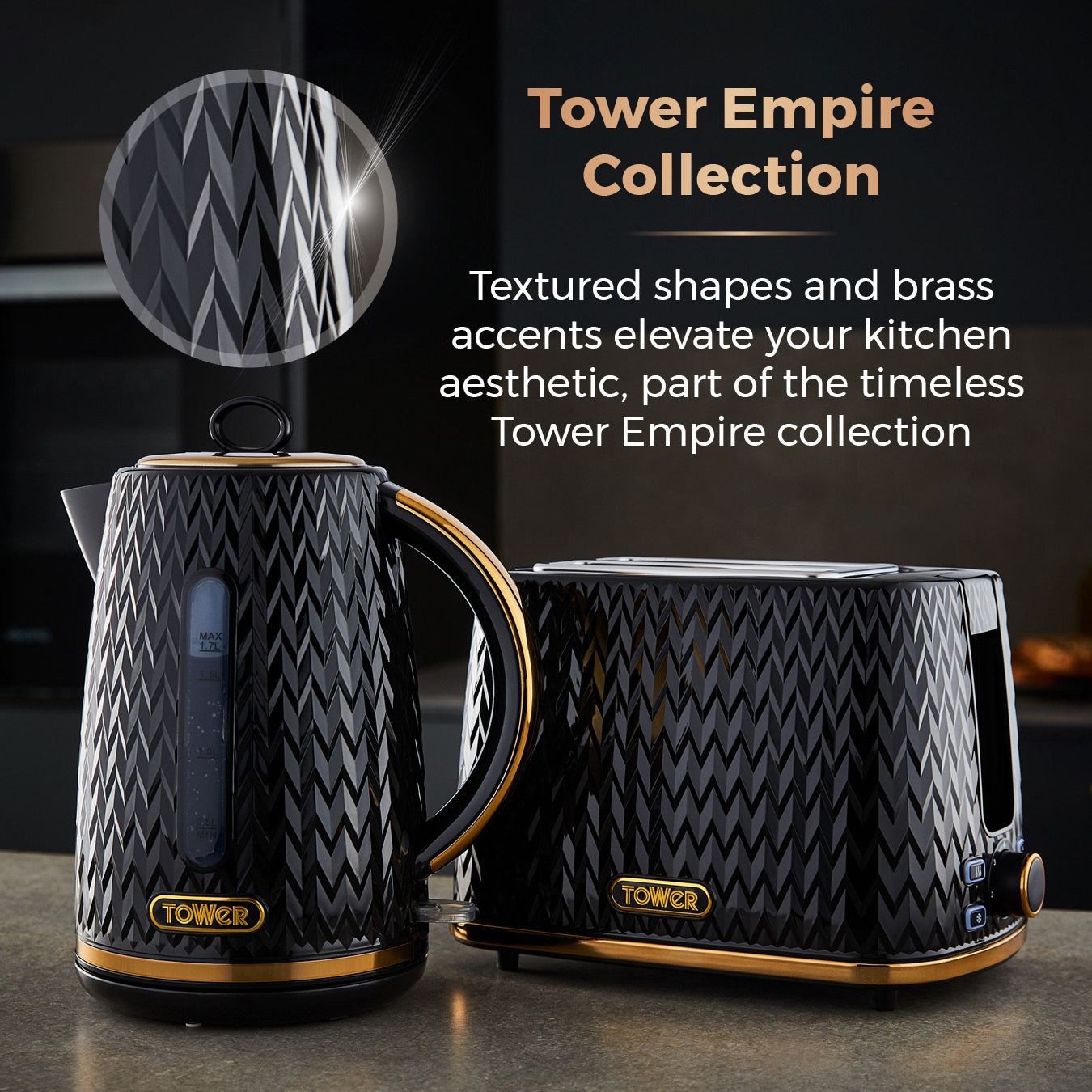 Tower Empire 1.7L Kettle Brass Accents T10052BLK (Black)