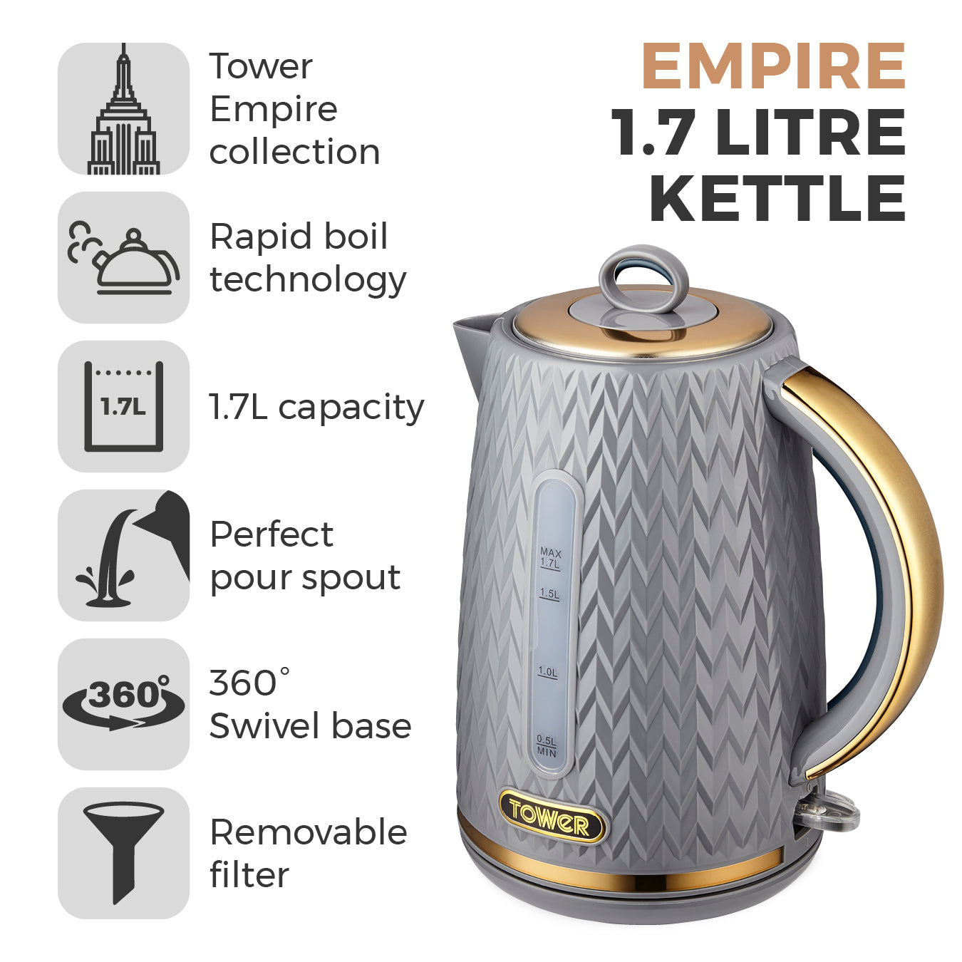 Tower Empire 1.7L Kettle Brass Accents T10052GRY (Grey)