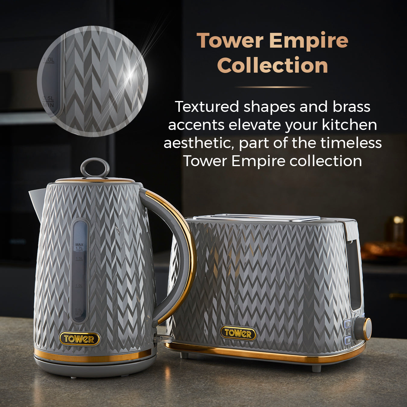 Tower Empire 1.7L Kettle Brass Accents T10052GRY (Grey)