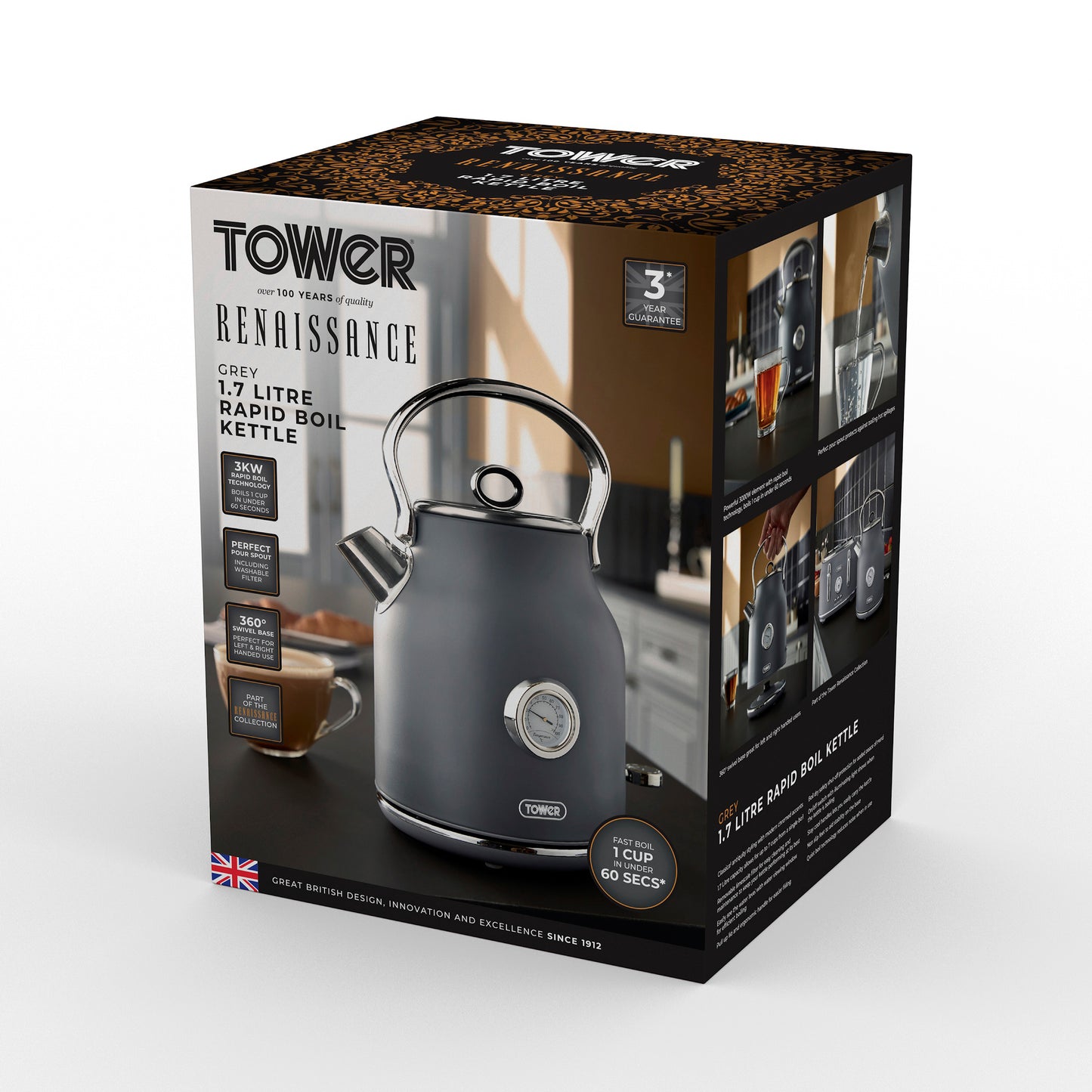 Tower Renaissance Kettle 1.7L Quite Boil T10063GRY (Grey)