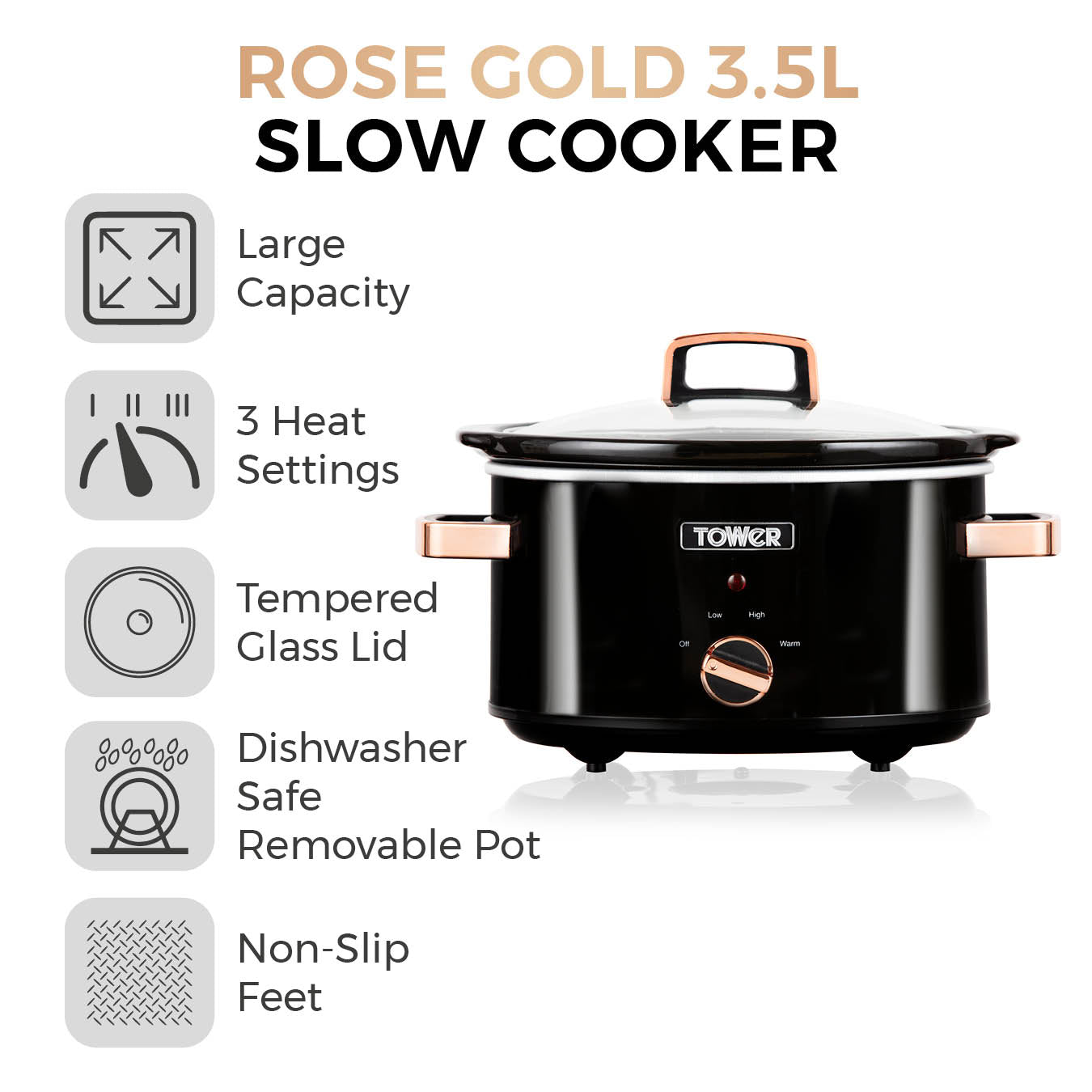 Tower 3.5L Slow Cooker T16018RG 210W Black/Rose Gold)