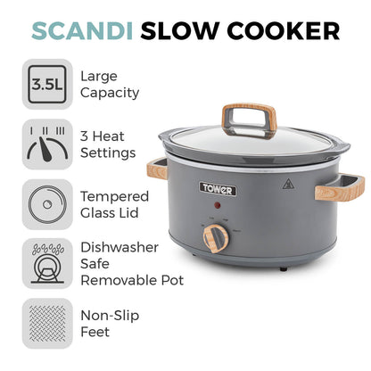 Tower Scandi Slow Cooker 3.5L T16034GRY (Grey/Wood Accents)