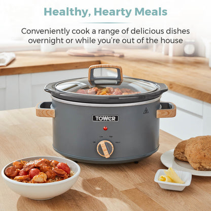 Tower Scandi 3.5L Slow Cooker with Wooden Effect Handles T16034GRY (Grey)