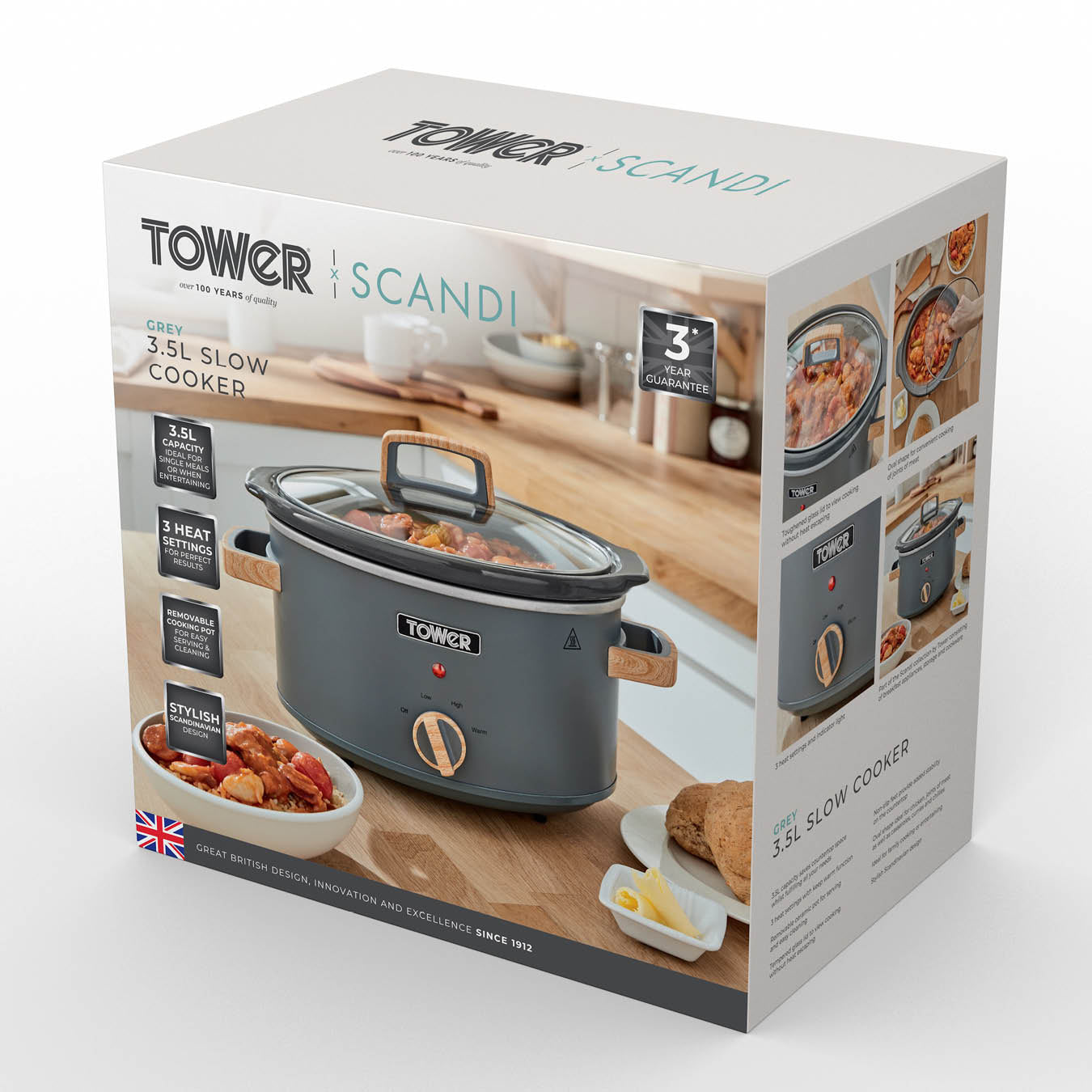 Tower Scandi 3.5L Slow Cooker with Wooden Effect Handles T16034GRY (Grey)