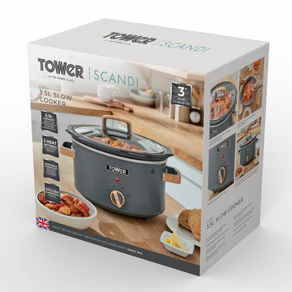 Tower Scandi 3.5L Slow Cooker with Wooden Effect Handles T16034GRY (Grey)