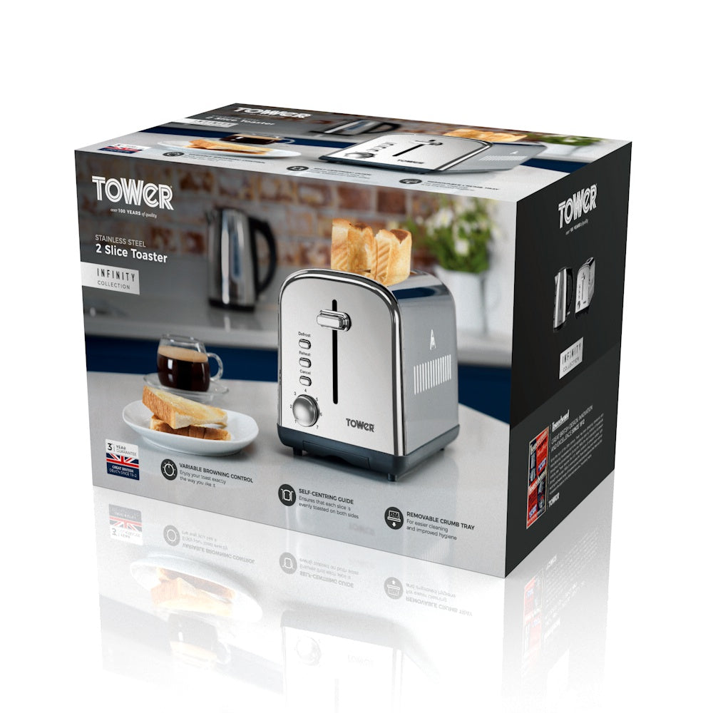 Tower Infinity 2 Slice Toaster Stainless Steel Timeless Design T20014 (Polished Silver)