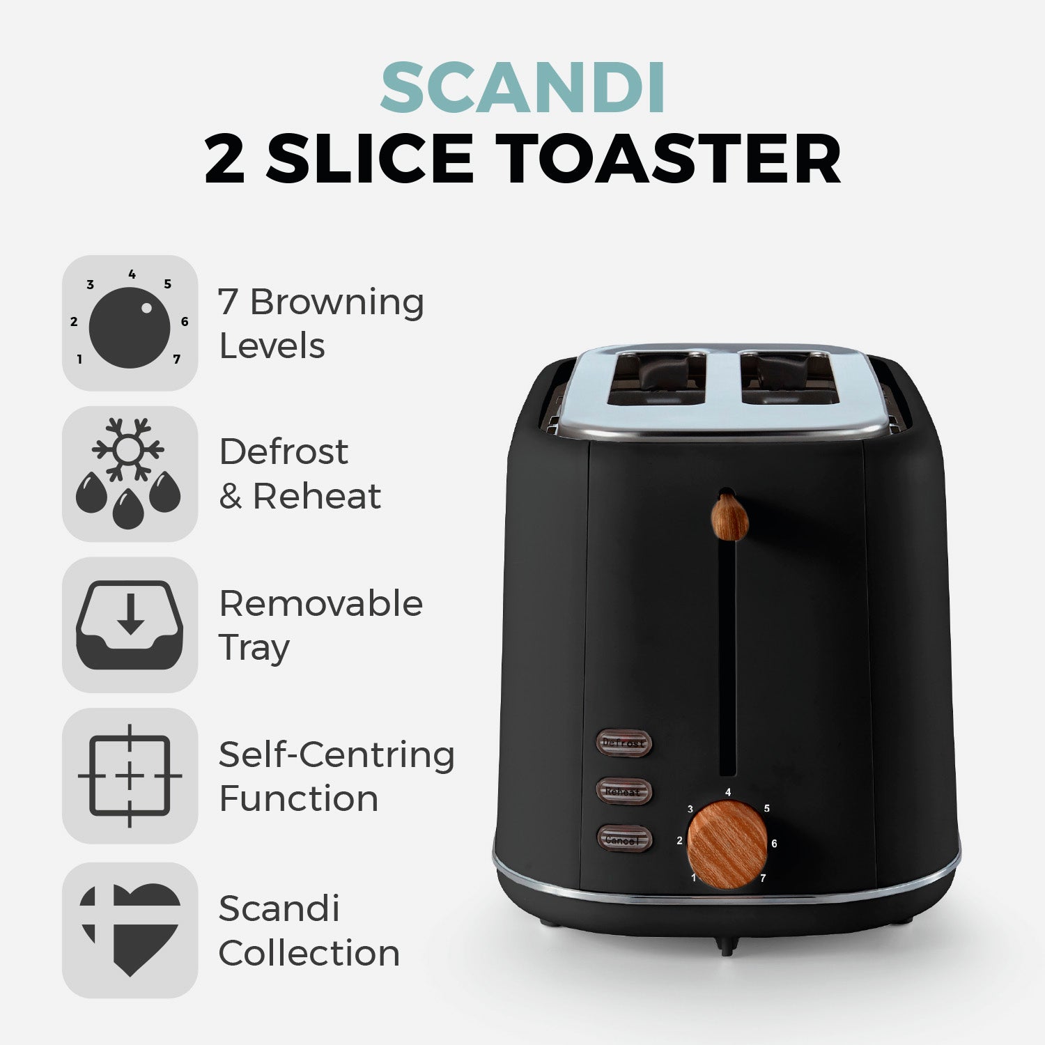 Tower Scandi 2 Slice Toaster Wooden Accents T20027BLK (Black)