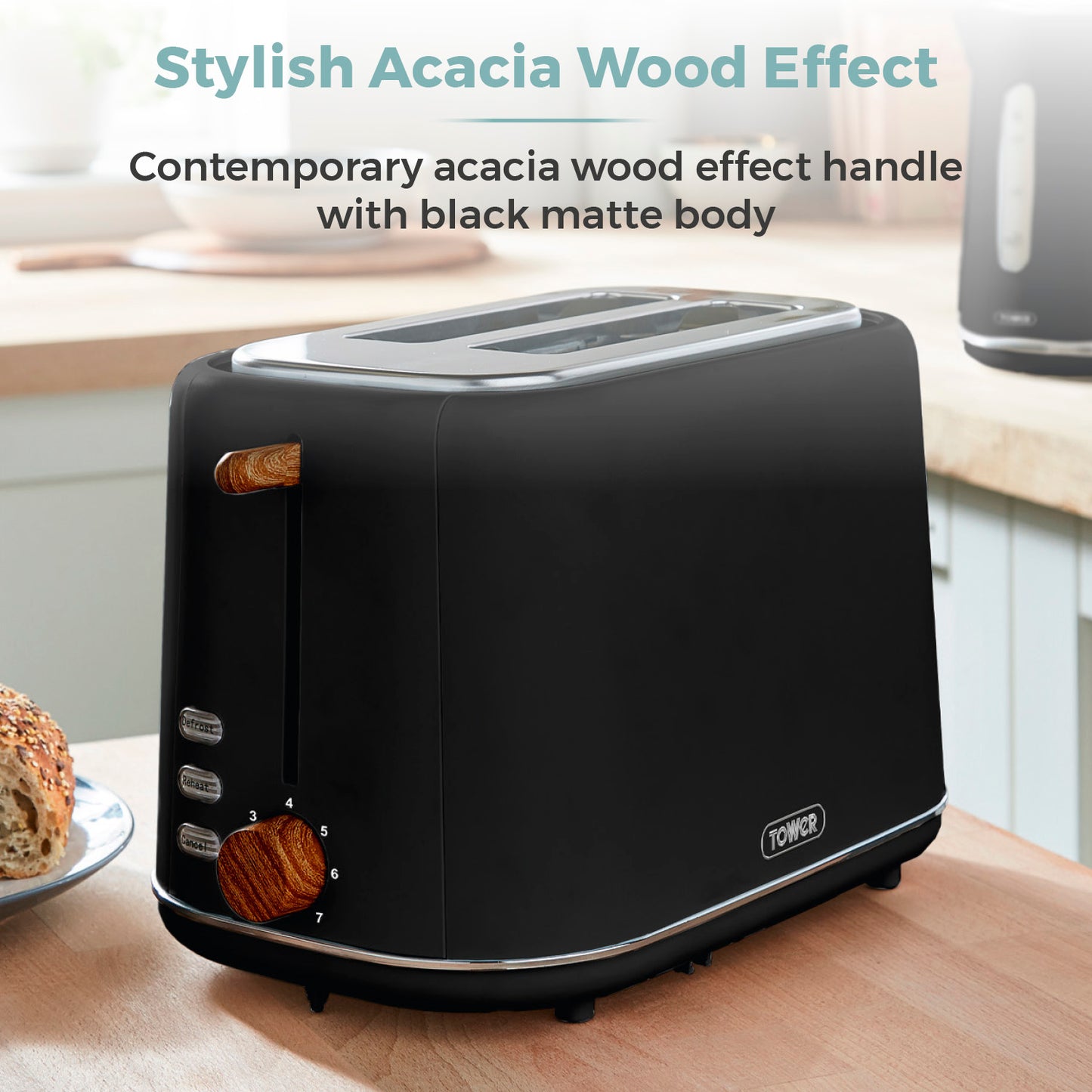 Tower Scandi 2 Slice Toaster Wooden Accents T20027BLK (Black)