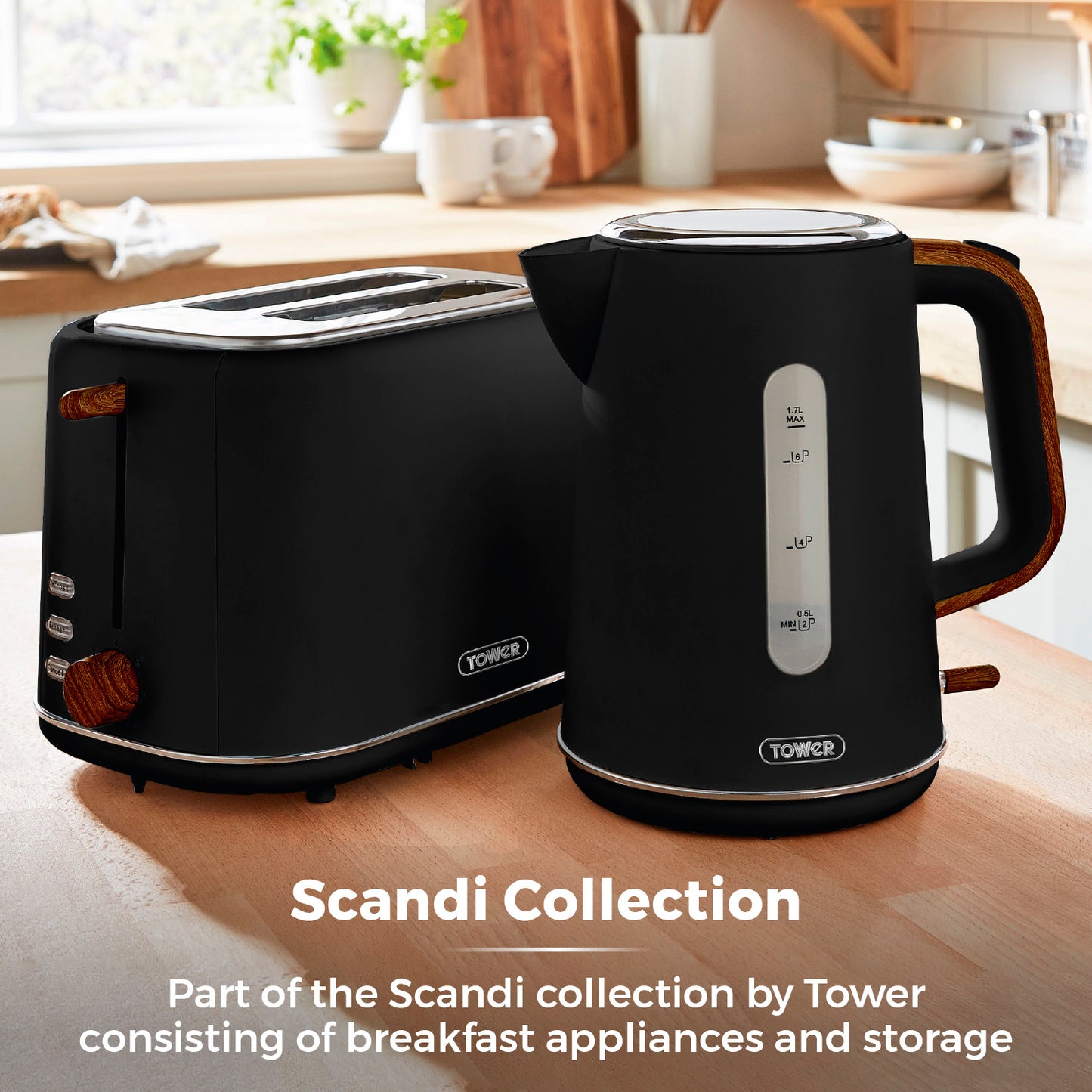 Tower Scandi 2 Slice Toaster Wooden Accents T20027BLK (Black)