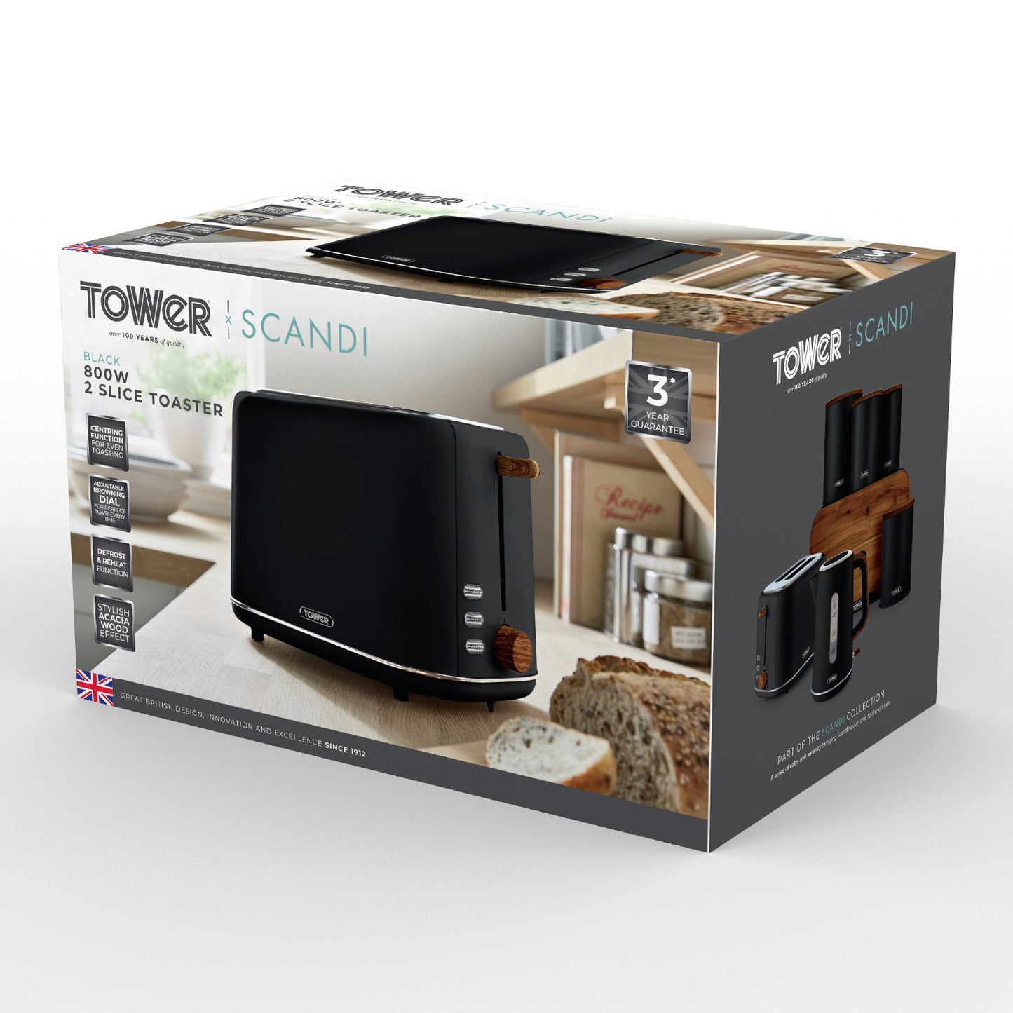 Tower Scandi 2 Slice Toaster Wooden Accents T20027BLK (Black)