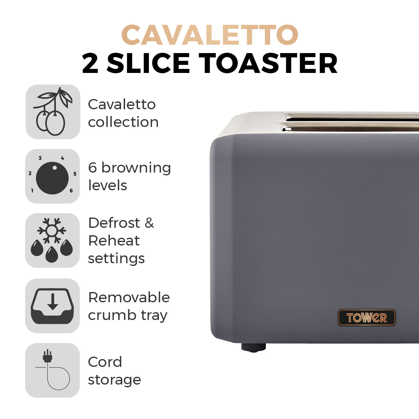 Tower Cavaletto Grey Kettle and 2 Slice Toaster Kitchen Set with Gold Accents