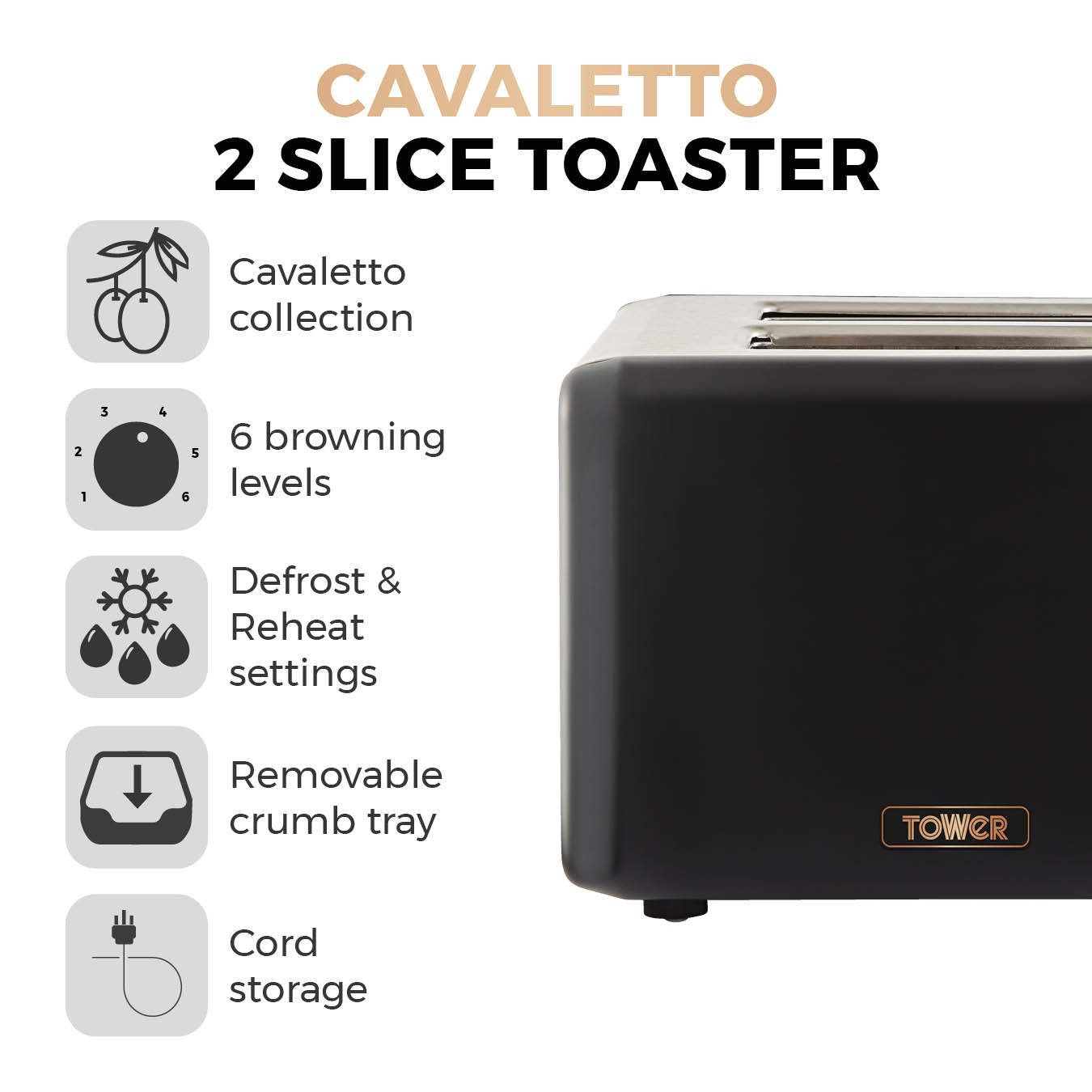 Tower T20036RG Cavaletto 2-Slice Toaster with Defrost/Reheat, Stainless Steel, 850W, Black and Rose Gold