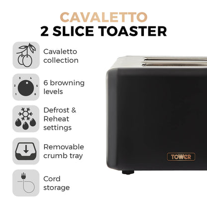 Tower T20036RG Cavaletto 2-Slice Toaster with Defrost/Reheat, Stainless Steel, 850W, Black and Rose Gold