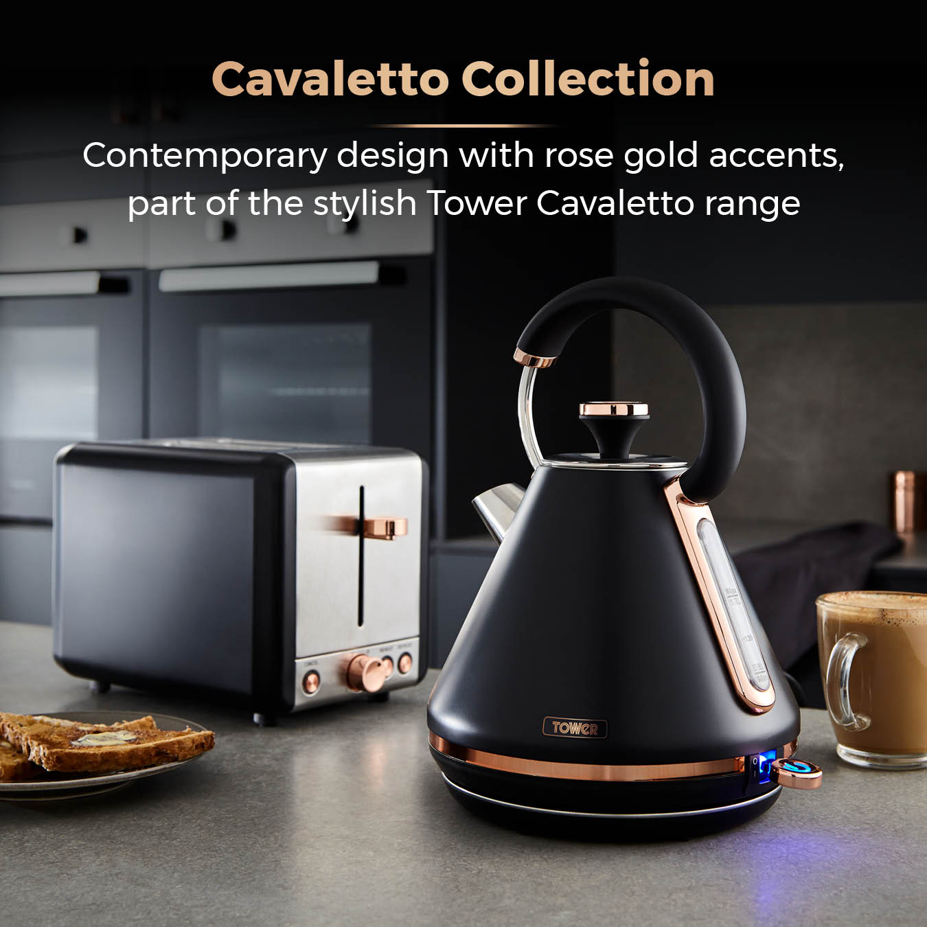 Tower T20036RG Cavaletto 2-Slice Toaster with Defrost/Reheat, Stainless Steel, 850W, Black and Rose Gold