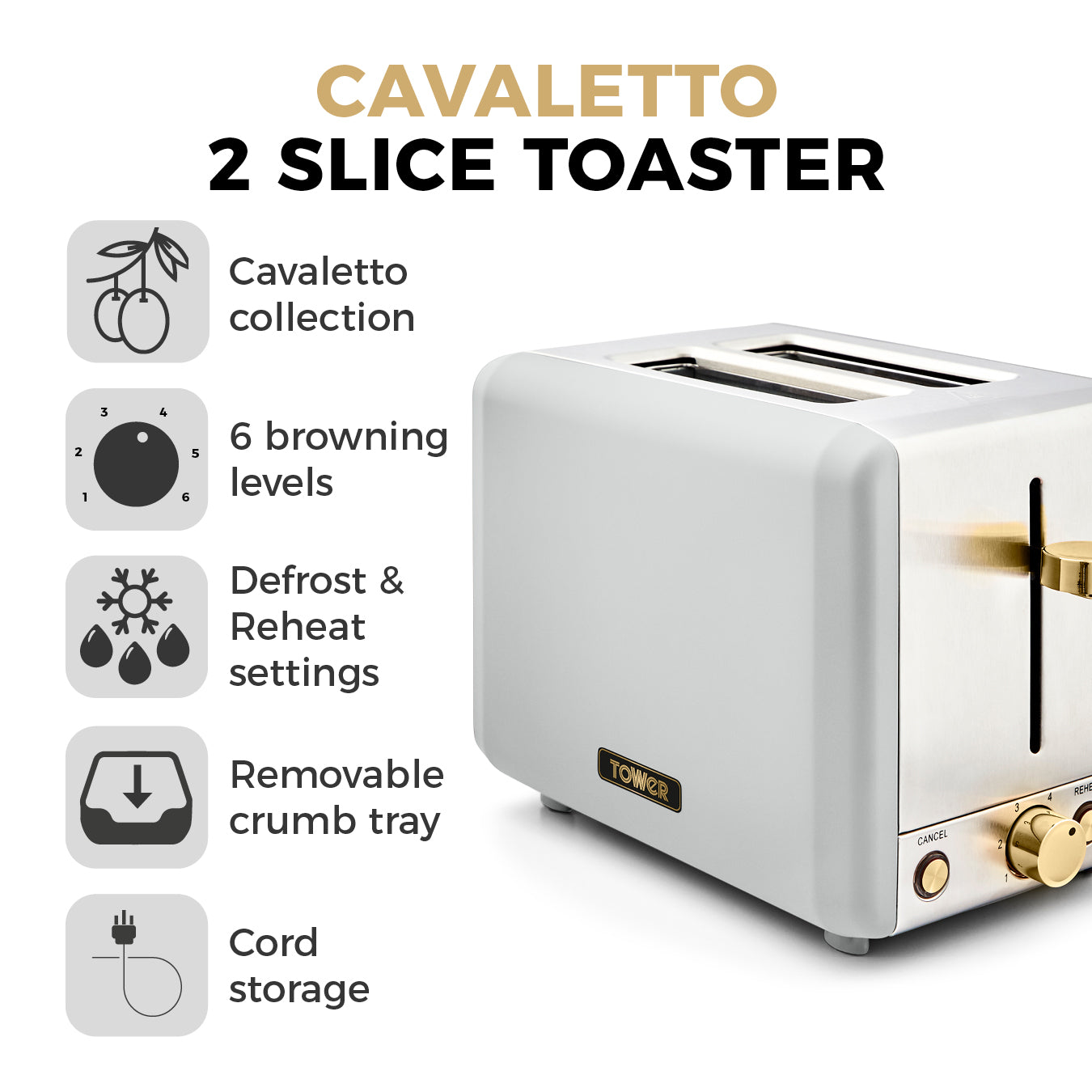 Tower T20036WHT Cavaletto 2-Slice Toaster with Defrost/Reheat, Stainless Steel, 850W, Optic White and Champagne Gold