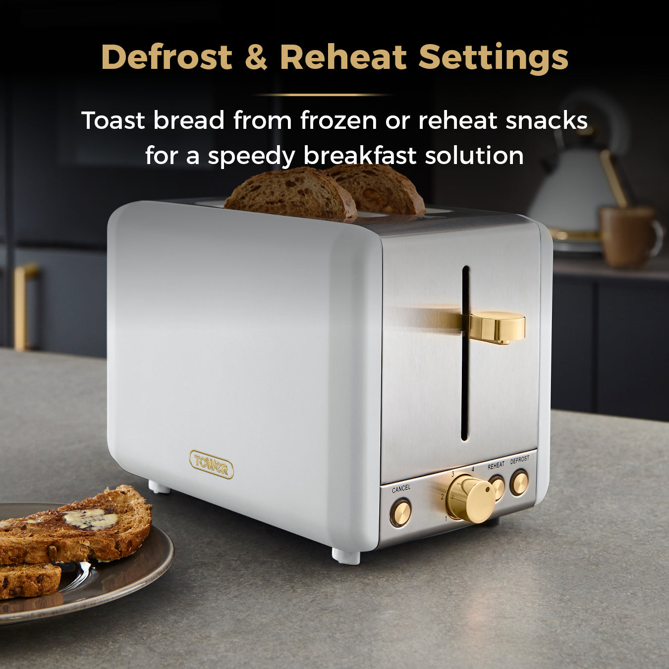 Tower T20036WHT Cavaletto 2-Slice Toaster with Defrost/Reheat, Stainless Steel, 850W, Optic White and Champagne Gold