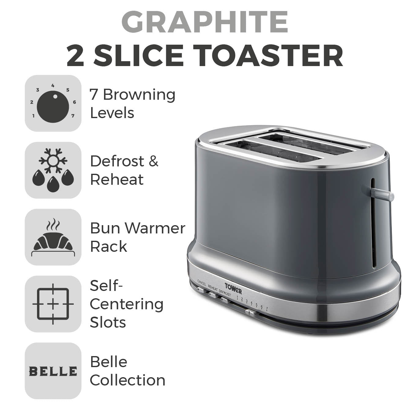 Tower Belle Grey 2 Slice Toaster Graphite T20043GRP