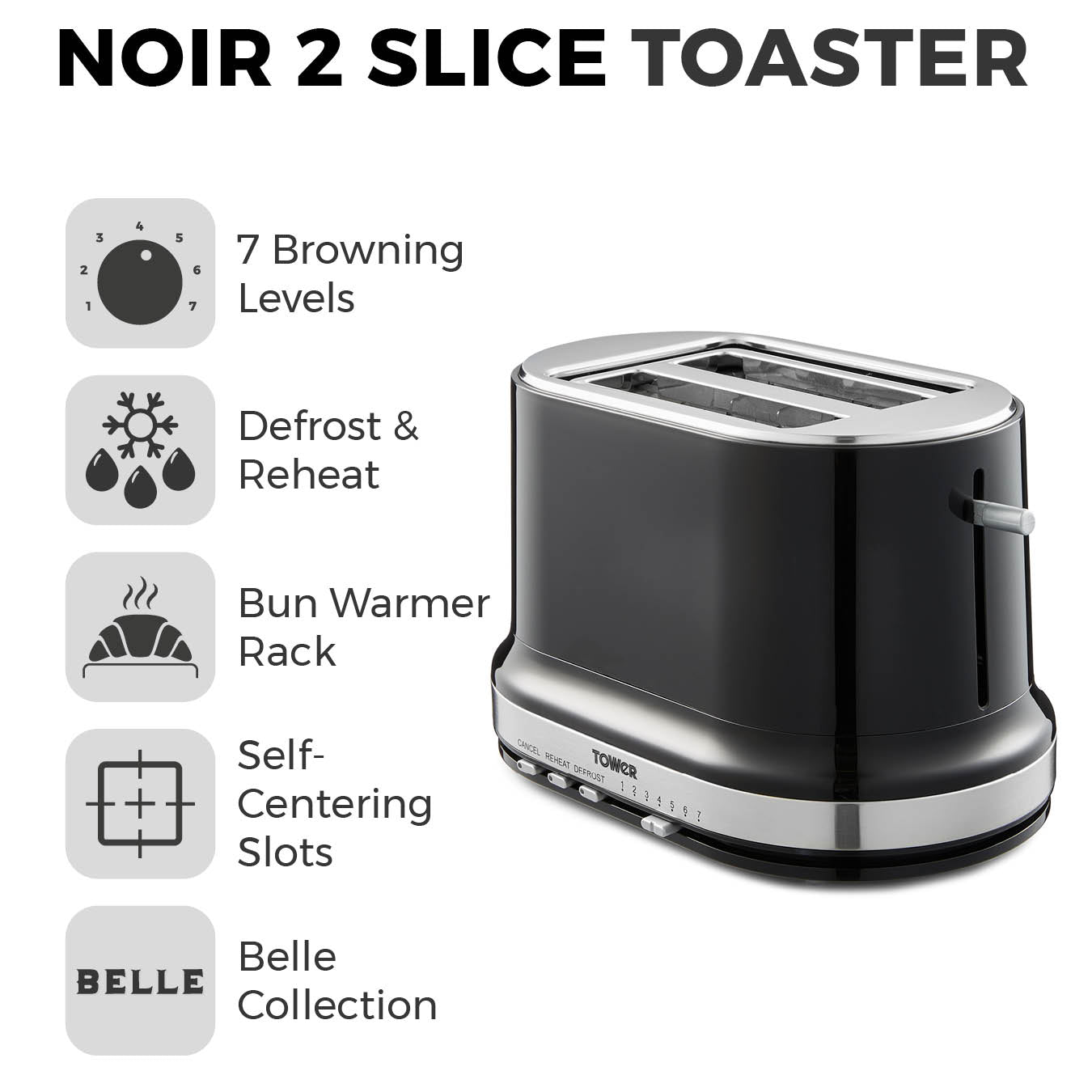 Tower Belle Black Kitchen Set - Kettle, Toaster, Bread Bin, Canisters