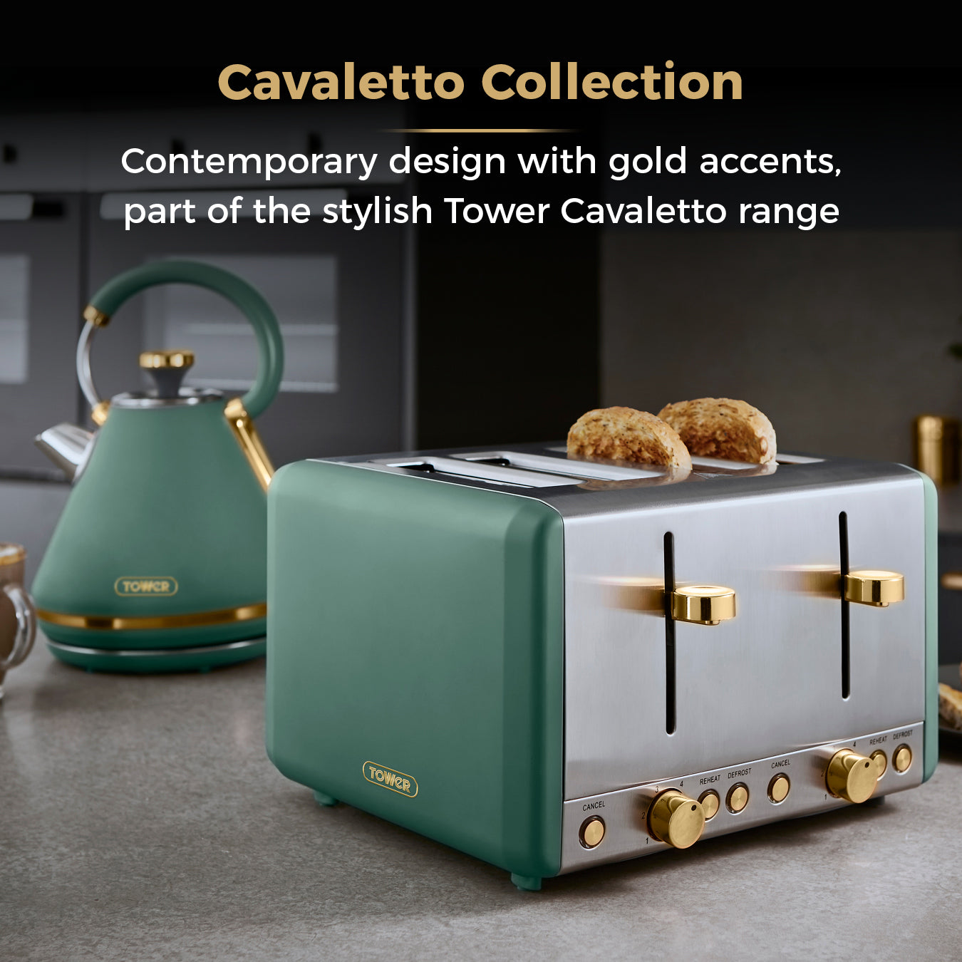 Tower Cavaletto Kettle & 4 Slice Toaster Matching Kitchen Set (Jade Green)