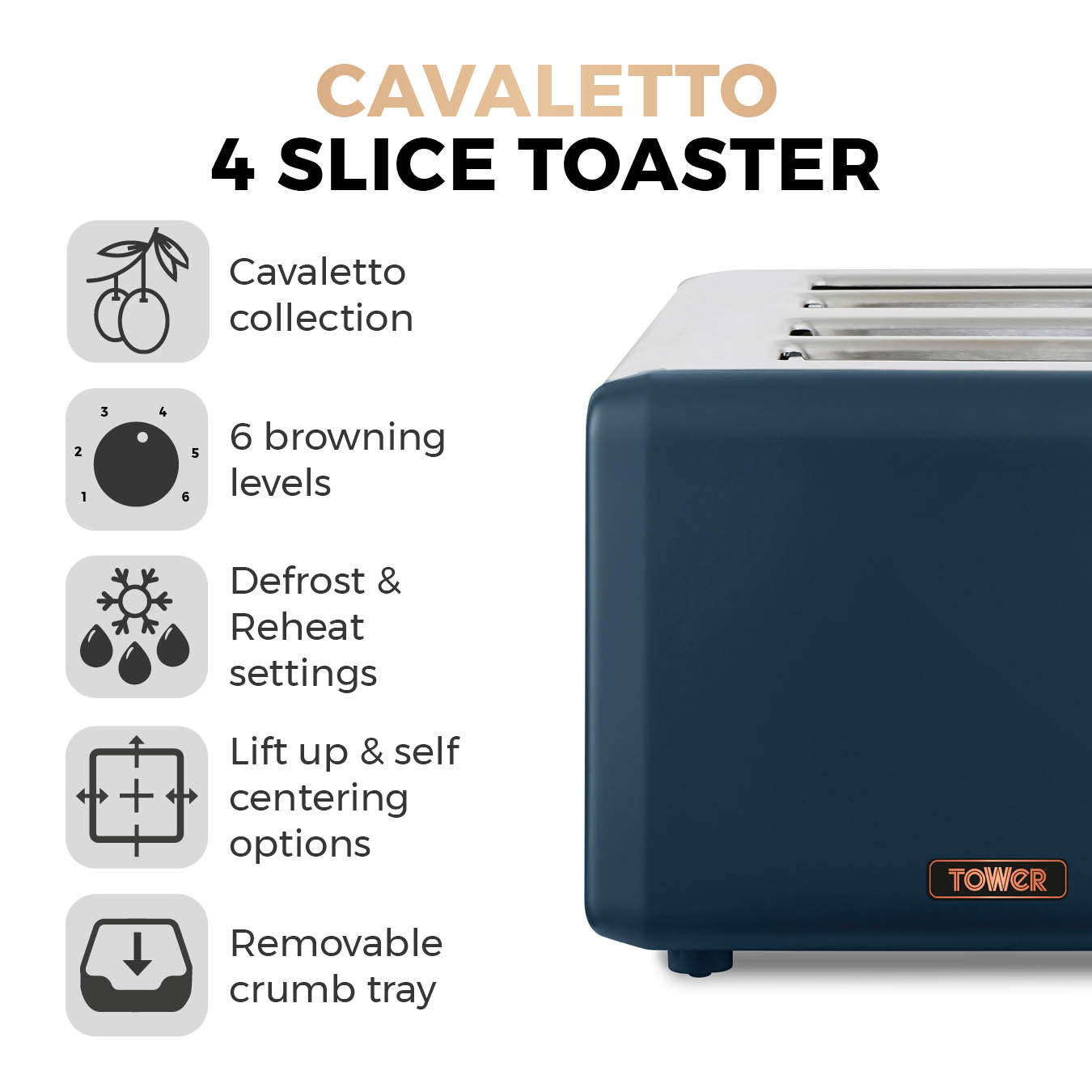 Tower Cavaletto 4 Slice Toaster T20051MNB - Midnight Blue