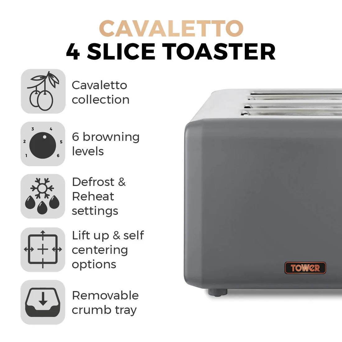 Tower Cavaletto Pyramid Kettle, 4 Slice Toaster, Bread Bin Canisters Kitchen Set (Grey)