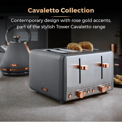 Tower Cavaletto Pyramid Kettle, 4 Slice Toaster, Bread Bin Canisters Kitchen Set (Grey)