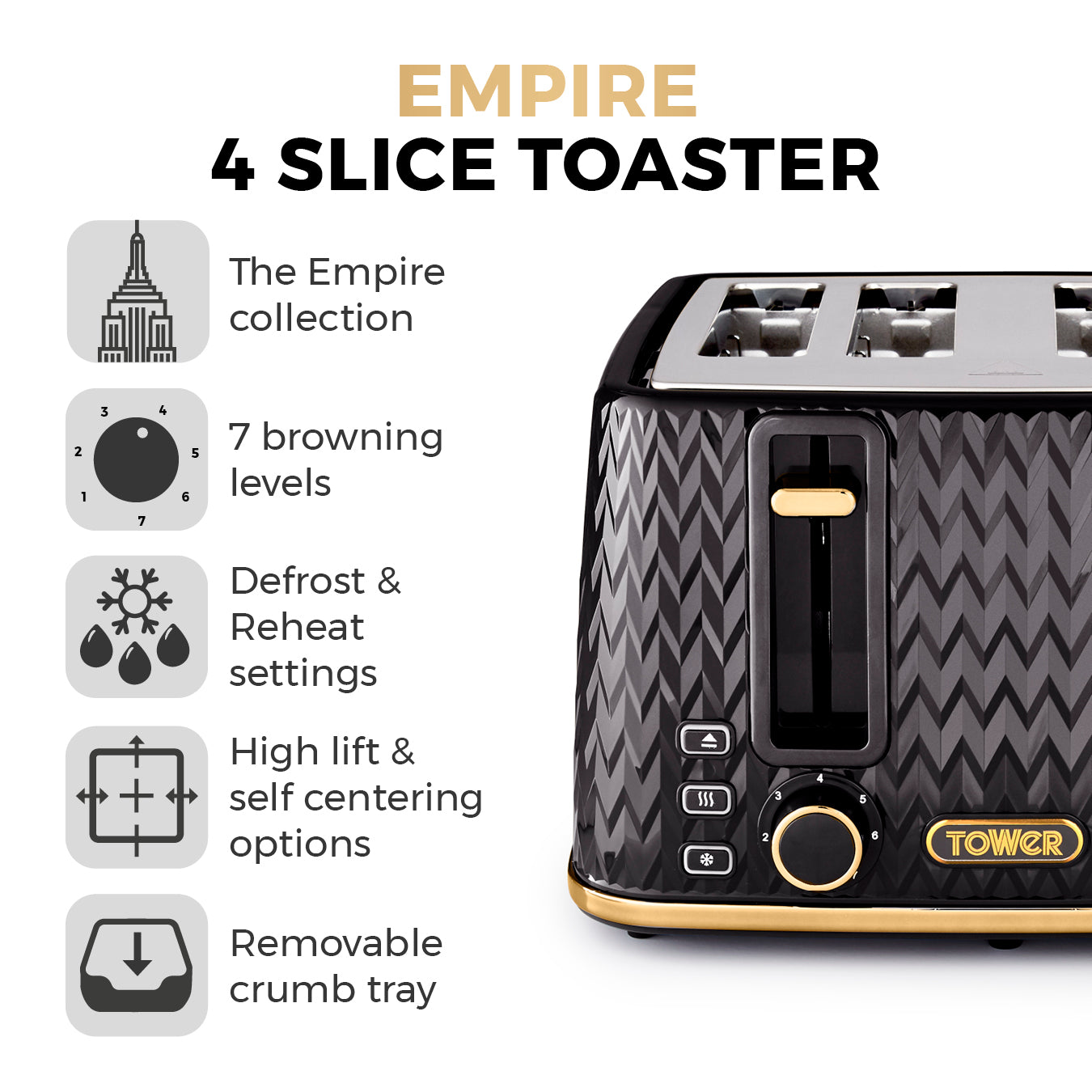 Tower Empire Kettle, 4 Slice Toaster, Bread Bin & Canisters Kitchen Set (Black)