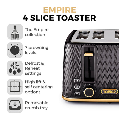 Tower Empire Kettle & 4 Slice Toaster Kitchen Set (Black)