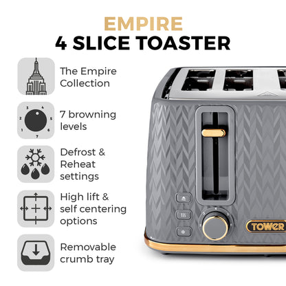 Tower Empire Kettle & 4 Slice Toaster Kitchen Set (Grey)