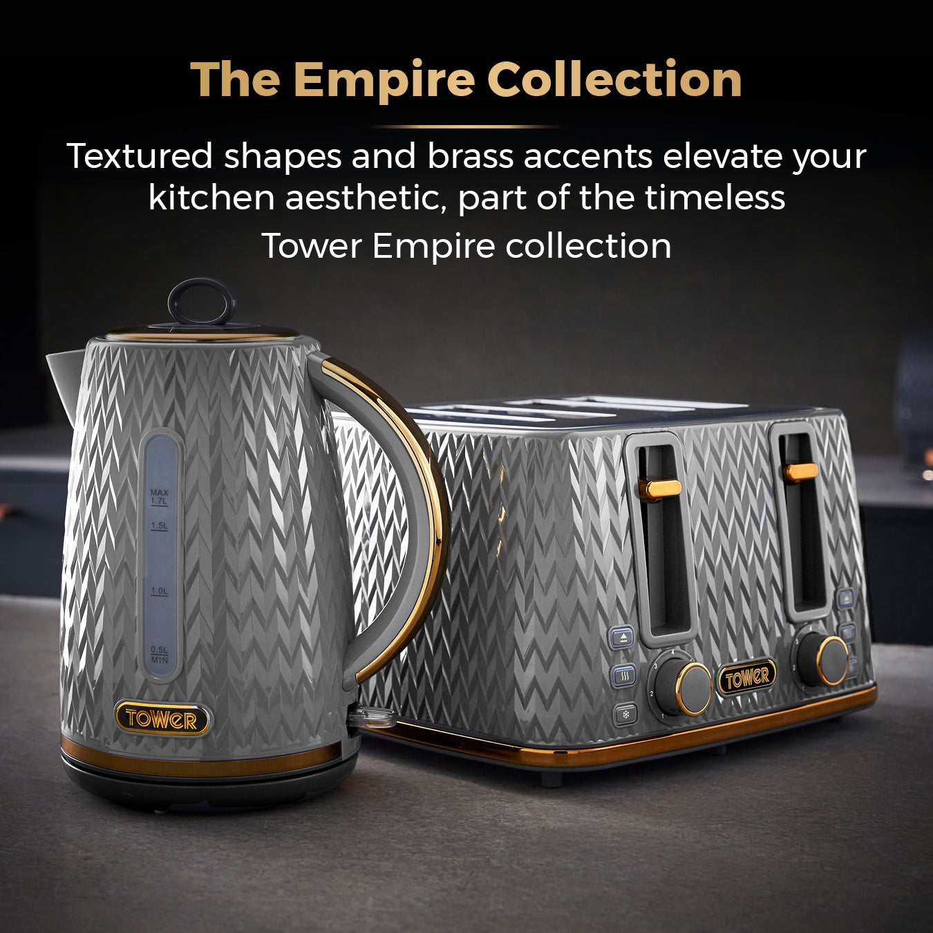 Tower Empire Kettle & 4 Slice Toaster Kitchen Set (Grey)