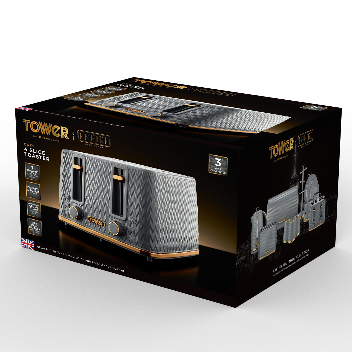 Tower Empire 4 Slice Toaster Brass Accents T20061GRY (Grey)