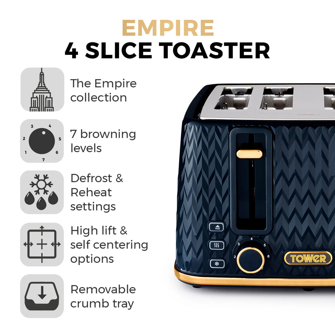 Tower Empire Kettle, 4 Slice Toaster & Bread Bin Kitchen Set (Midnight Blue)