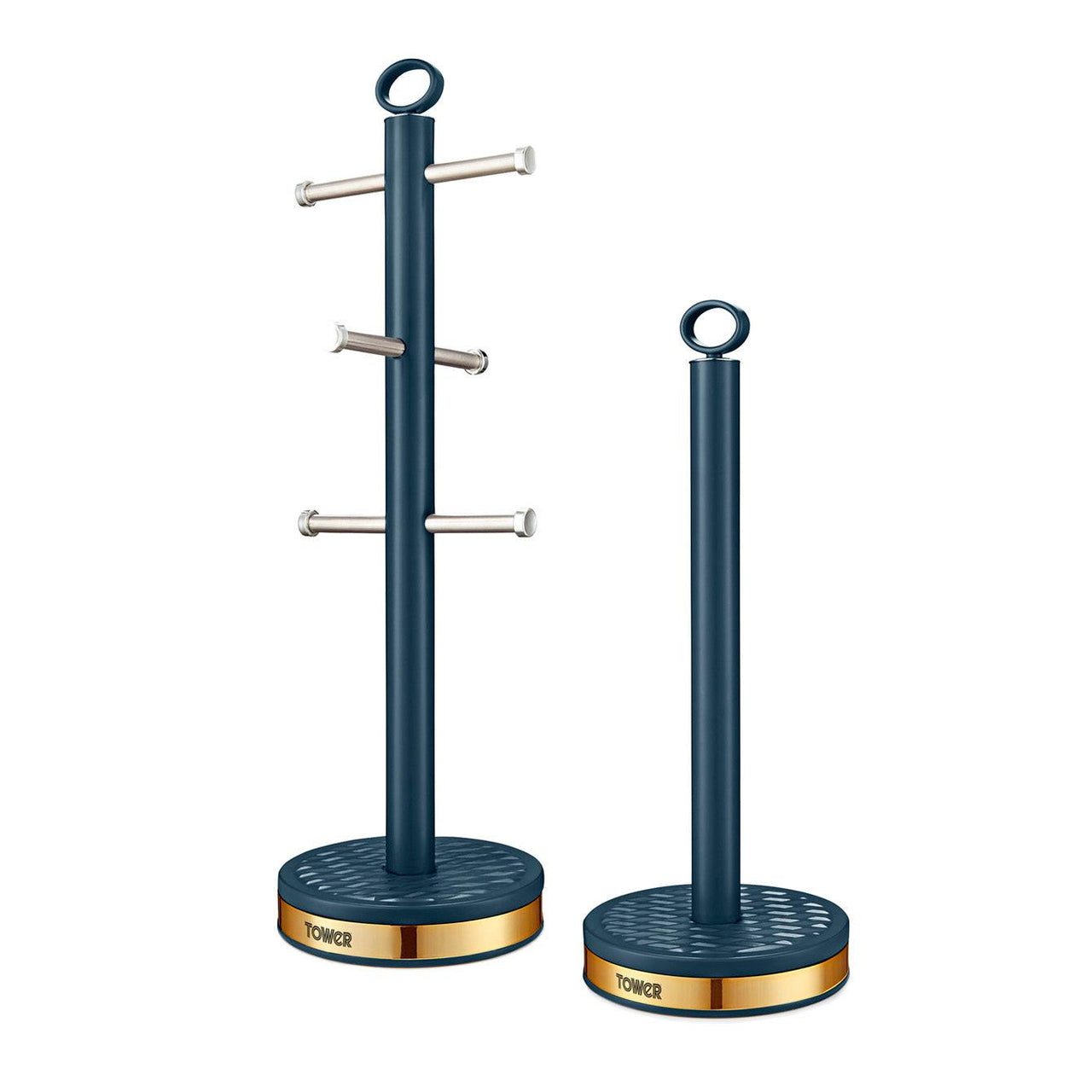 Two-piece midnight blue mug tree and towel pole set with round bases