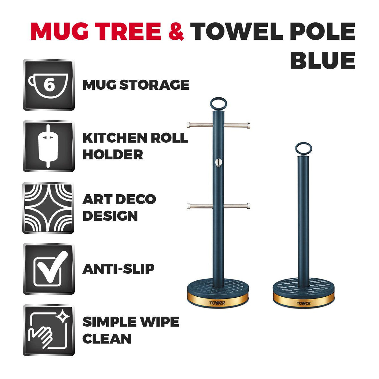 Midnight blue mug tree and towel pole kitchen set with storage base