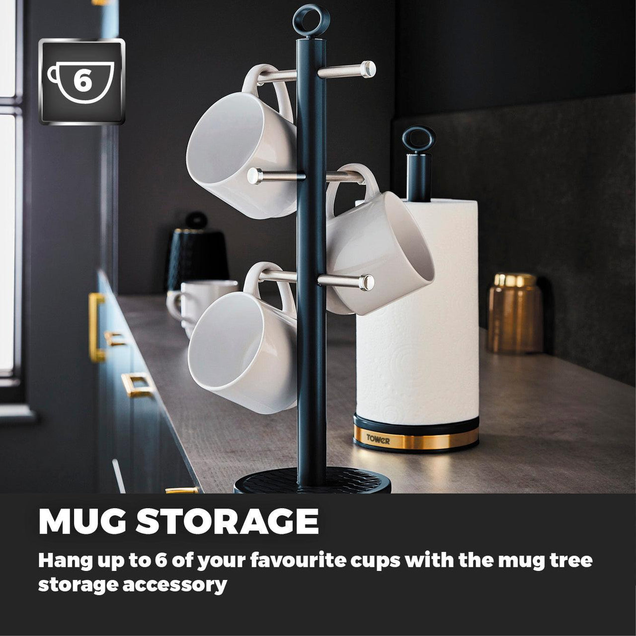 Midnight blue mug tree pole with hangers and kitchen roll holder attachment
