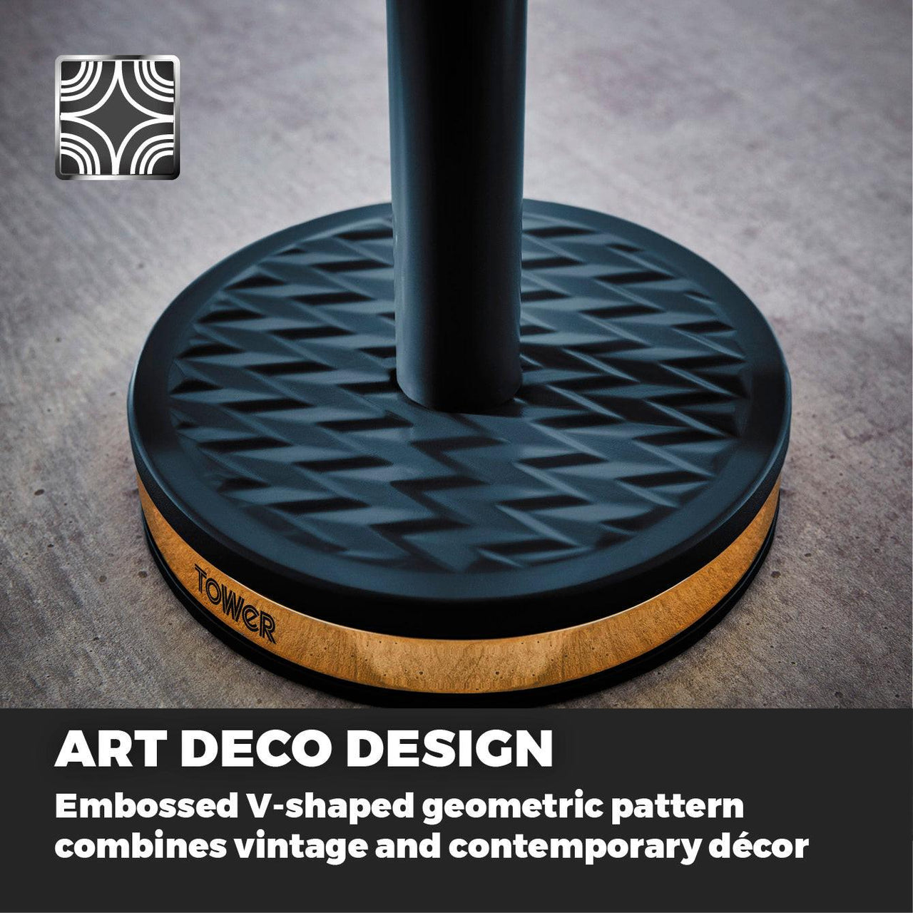 Midnight blue base with embossed art deco V-pattern for mug and towel pole set