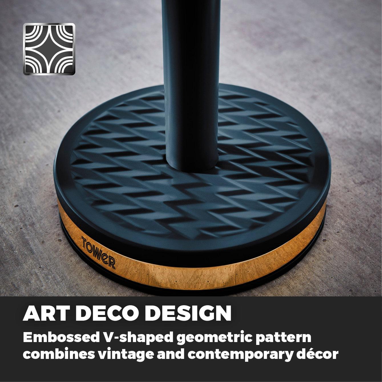 Midnight blue base with embossed art deco V-pattern for mug and towel pole set