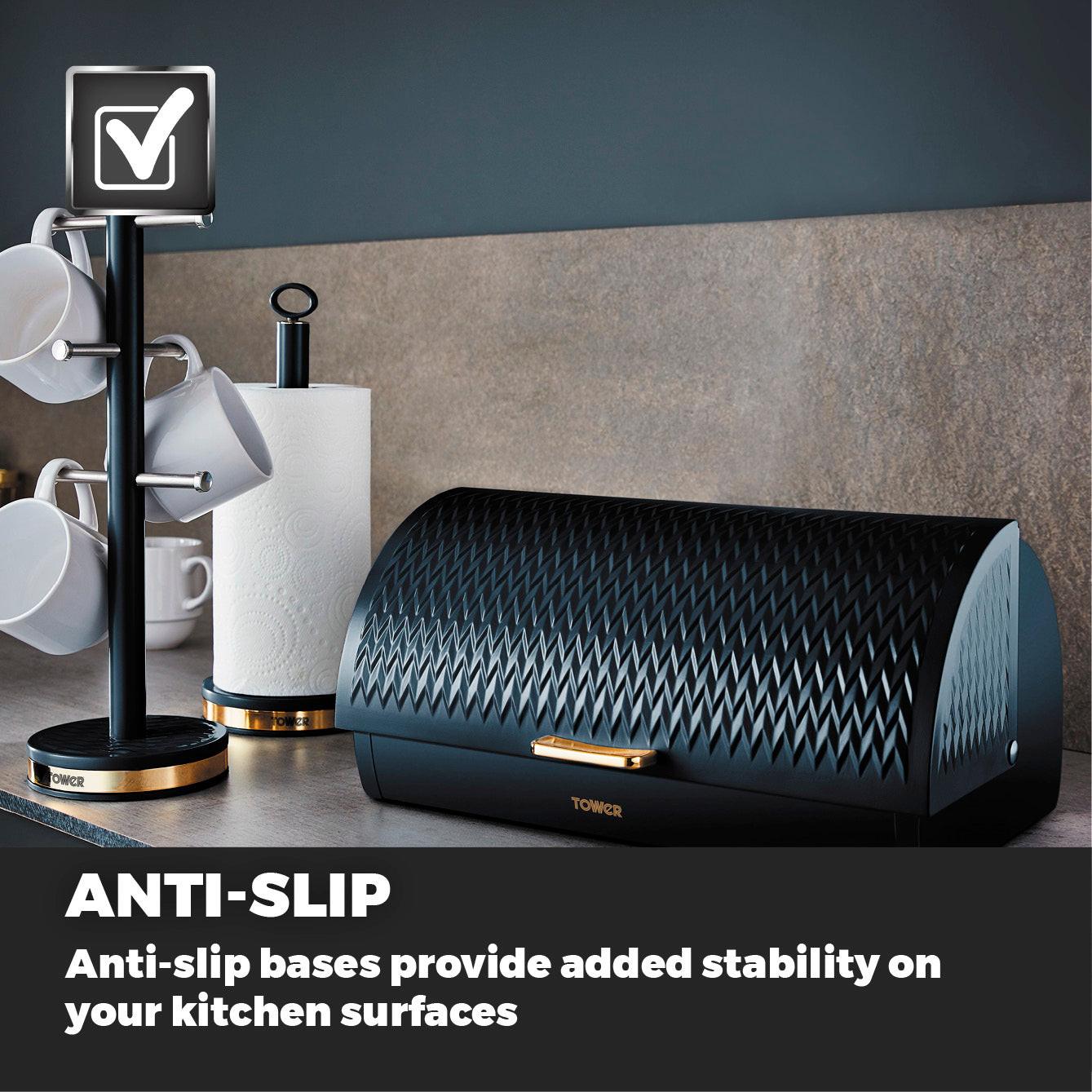 Midnight blue towel pole with textured roll holder and non-slip base