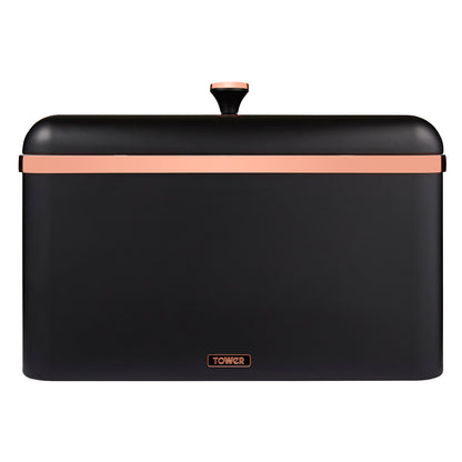 Tower T826130BLK Cavaletto Bread Bin with Removable Lid, Large Capacity, Durable Steel Body, Black and Rose Gold