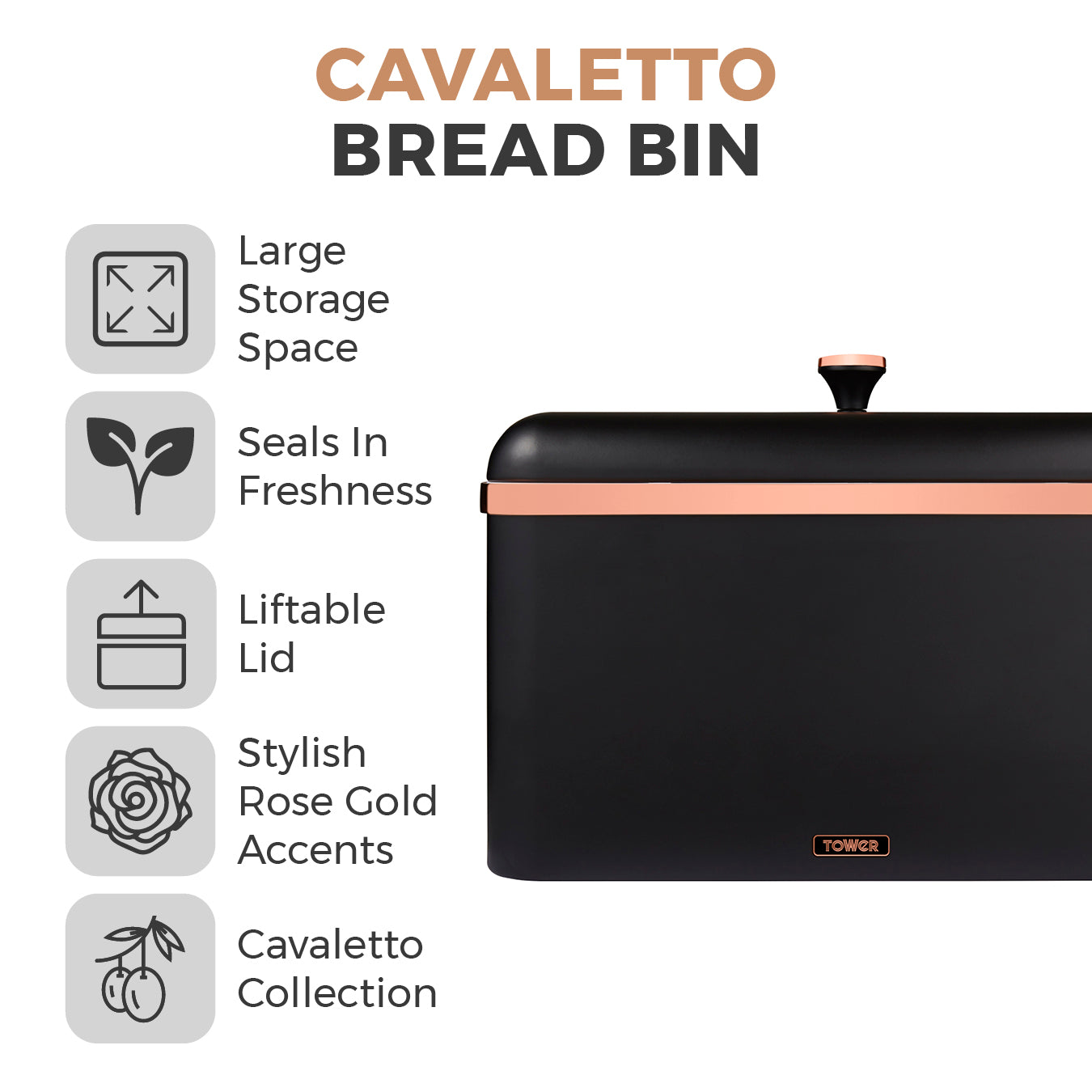 Tower T826130BLK Cavaletto Bread Bin with Removable Lid, Large Capacity, Durable Steel Body, Black and Rose Gold