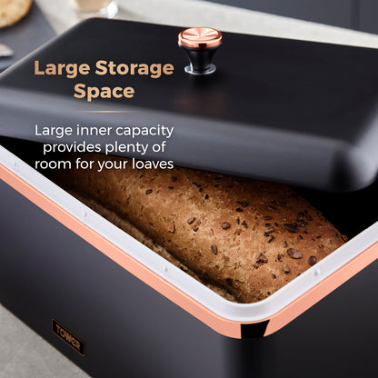 Tower T826130BLK Cavaletto Bread Bin with Removable Lid, Large Capacity, Durable Steel Body, Black and Rose Gold