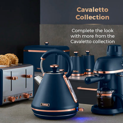 Tower Cavaletto Pyramid Kettle, 4 Slice Toaster, Bread Bin & Canisters Kitchen Set (Midnight Blue) - Vibe Home