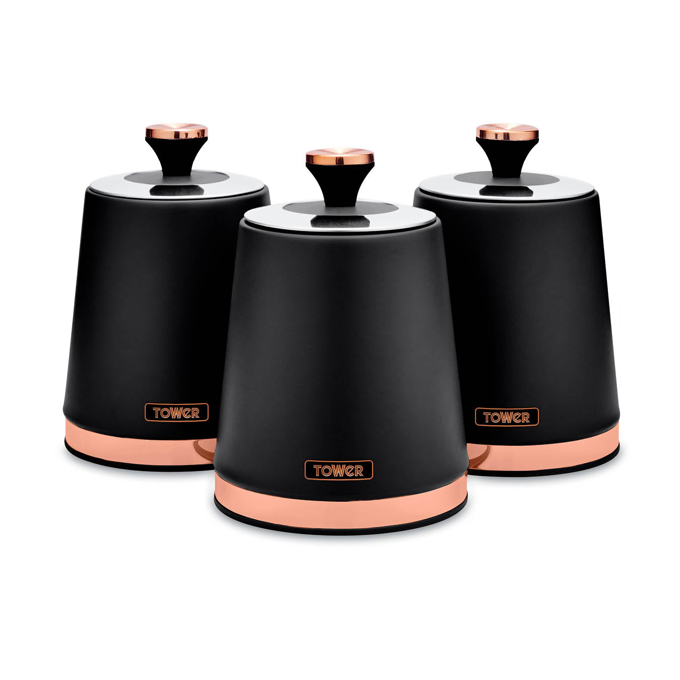 Tower T826131BLK Cavaletto Set of 3 Storage Canisters for Tea, Coffee and Sugar, Steel, Black and Rose Gold