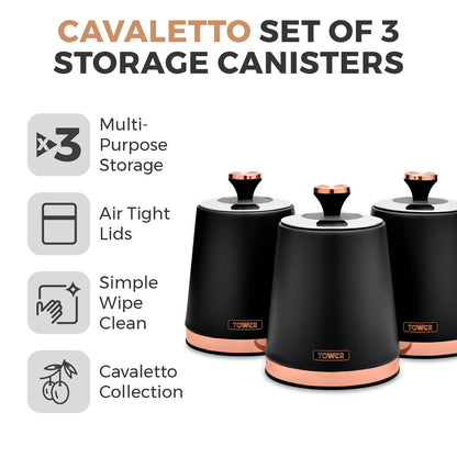 Tower T826131BLK Cavaletto Set of 3 Storage Canisters for Tea, Coffee and Sugar, Steel, Black and Rose Gold