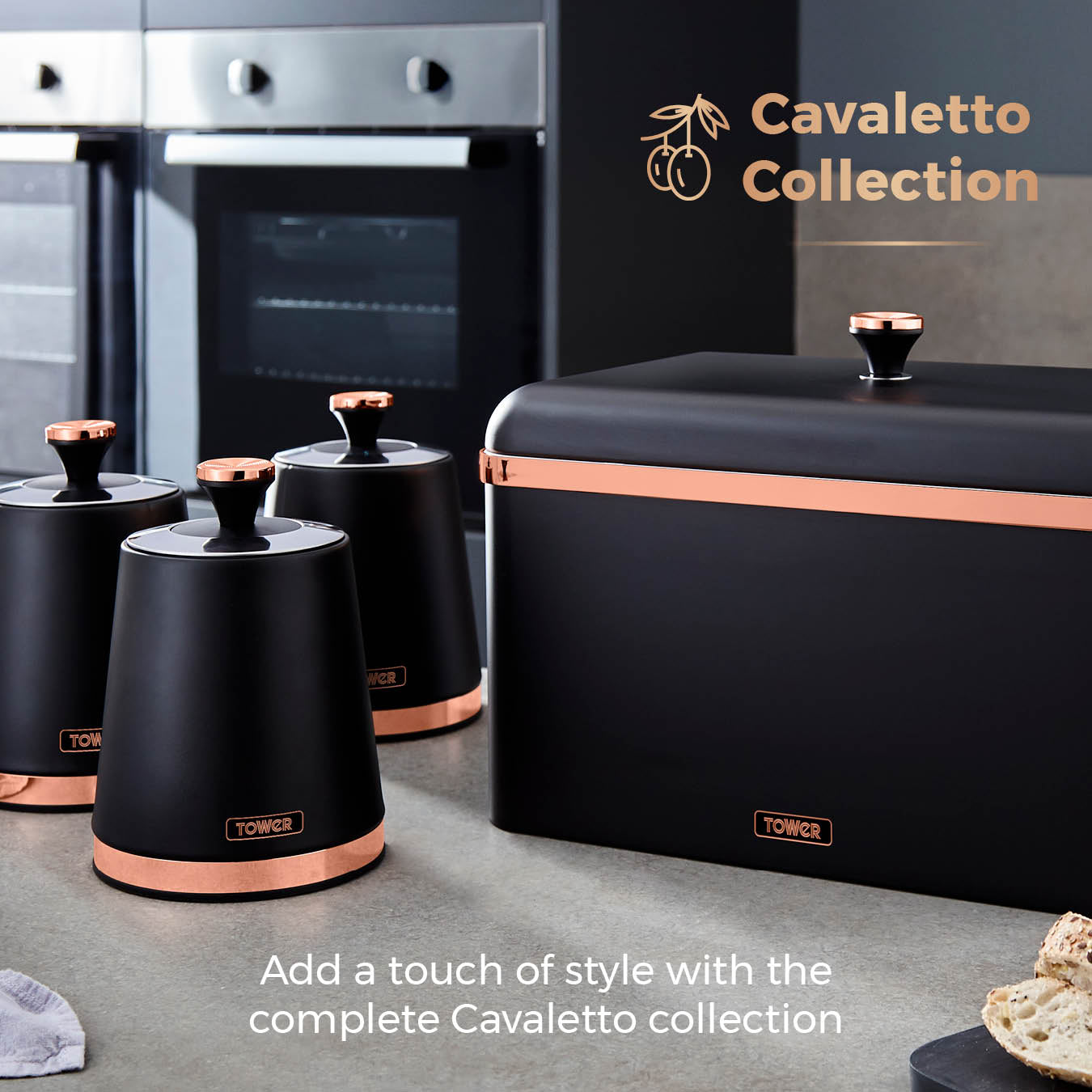 Tower Cavaletto Black Kitchen Set - Kettle, Toaster, Bread Bin, Canisters