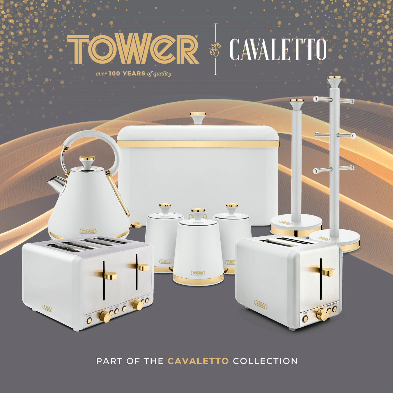 Tower Cavaletto White Kitchen Set - Kettle, Toaster, Bread Bin & Canisters