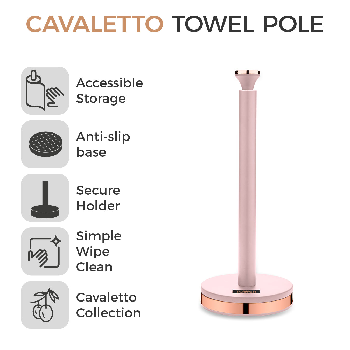 Tower Cavaletto Towel Pole Kitchen Roll Holder T826133PNK (Pink & Rose Gold)